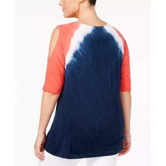 BELLDINI Plus Size Blue White Pink Tie-Dyed Cold-Shoulder Blouse Size XL - Picture 2 of 8